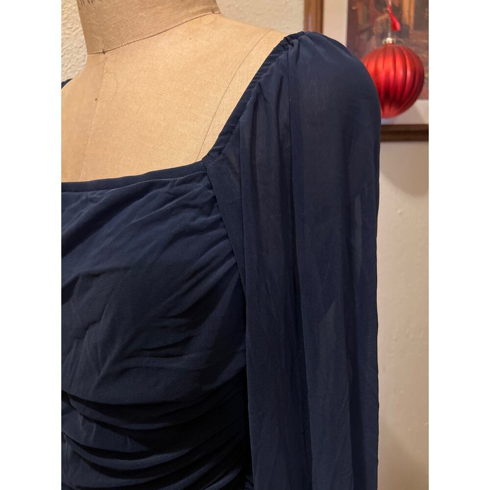 Fashion Square Neck Long Sleeve Ruched Bodycon Dress Blue Size XL - Picture 4 of 12